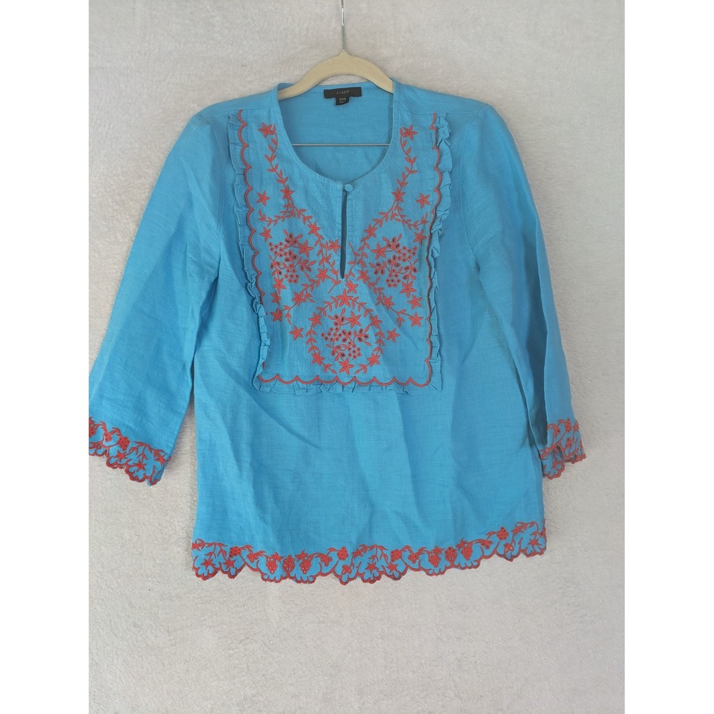 J.Crew Tunic Women's XXS Blue Linen Floral Embroidered Ruffle Split Neck Top